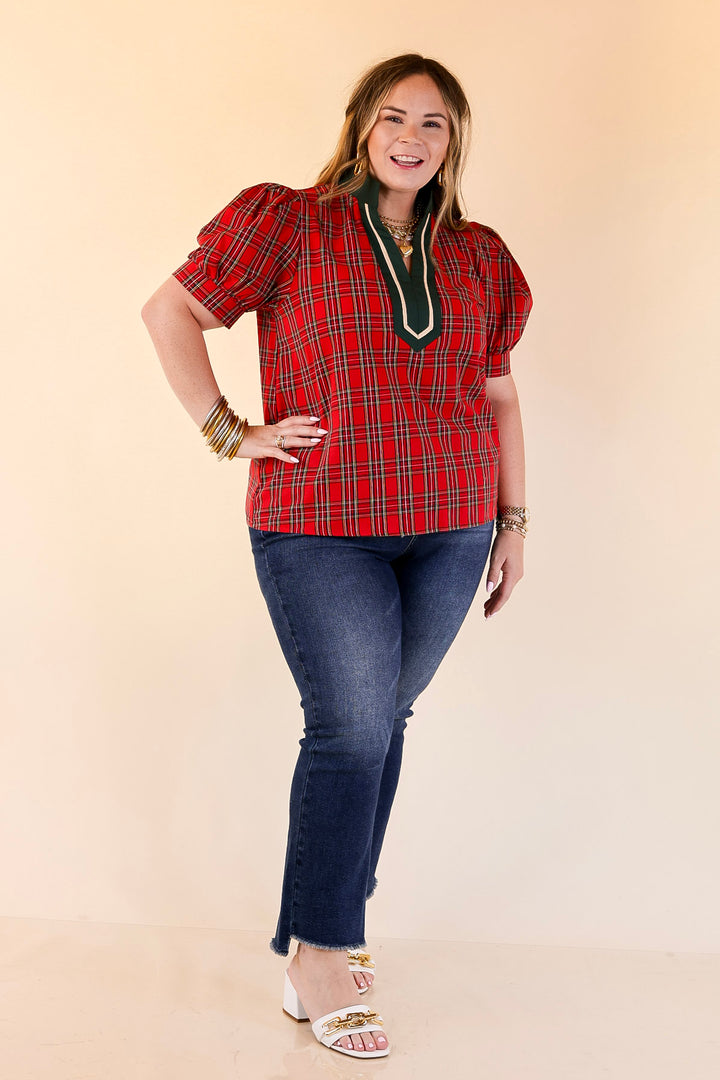 Chic Statement V Neck Plaid Top with Short Balloon Sleeves and Green Trim in Red