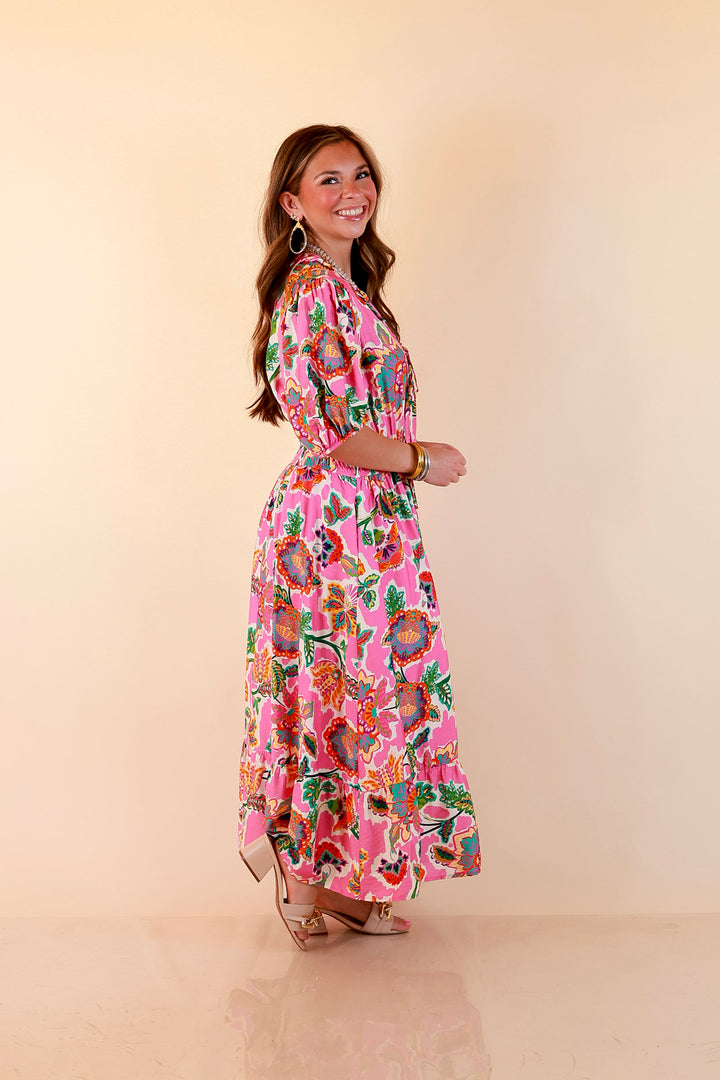 Color Me Happy Floral Print Midi Dress with Tie Neckline and Puff Sleeves in Pink