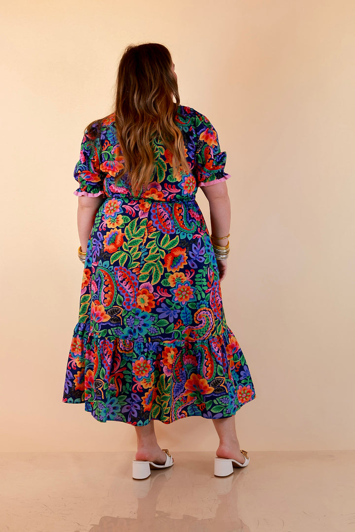 Gracefully Yours Floral and Paisley Print Midi Dress with Contrast Ruffle Trim in Navy Blue