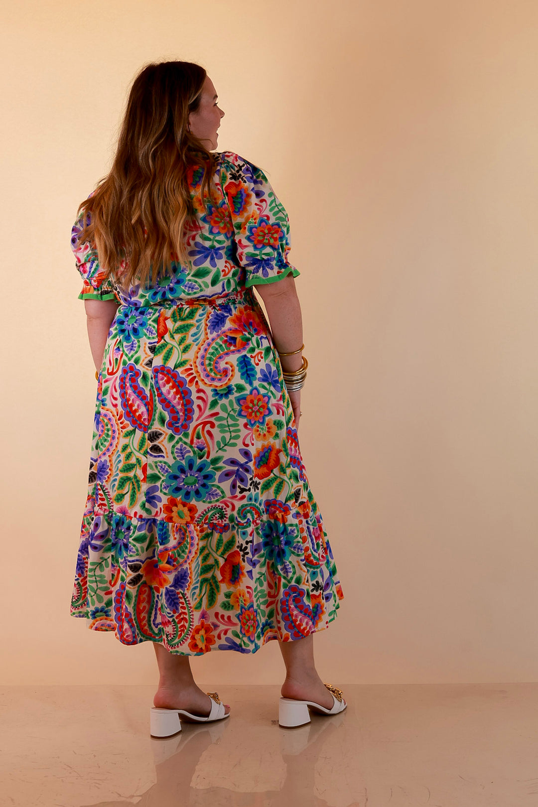 Gracefully Yours Floral and Paisley Print Midi Dress with Contrast Ruffle Trim in Ivory