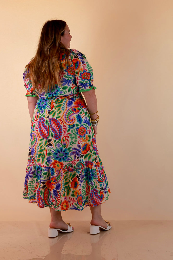 Gracefully Yours Floral and Paisley Print Midi Dress with Contrast Ruffle Trim in Ivory