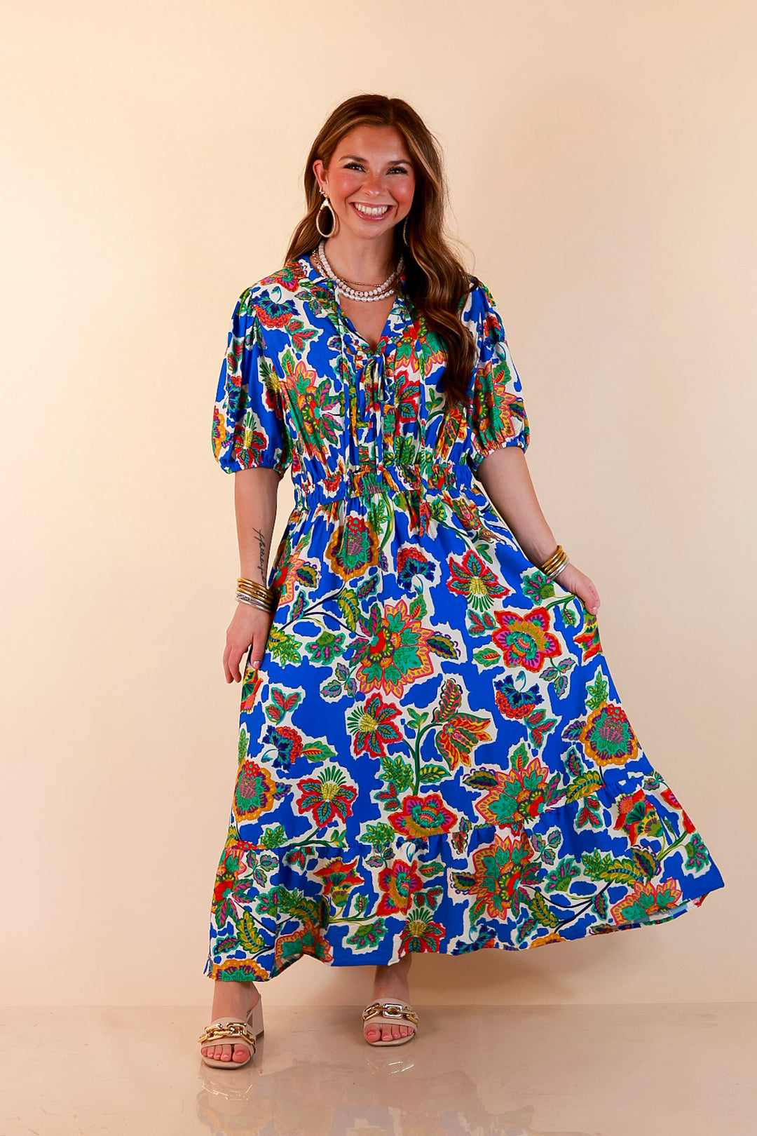 Color Me Happy Floral Print Midi Dress with Tie Neckline and Puff Sleeves in Royal Blue