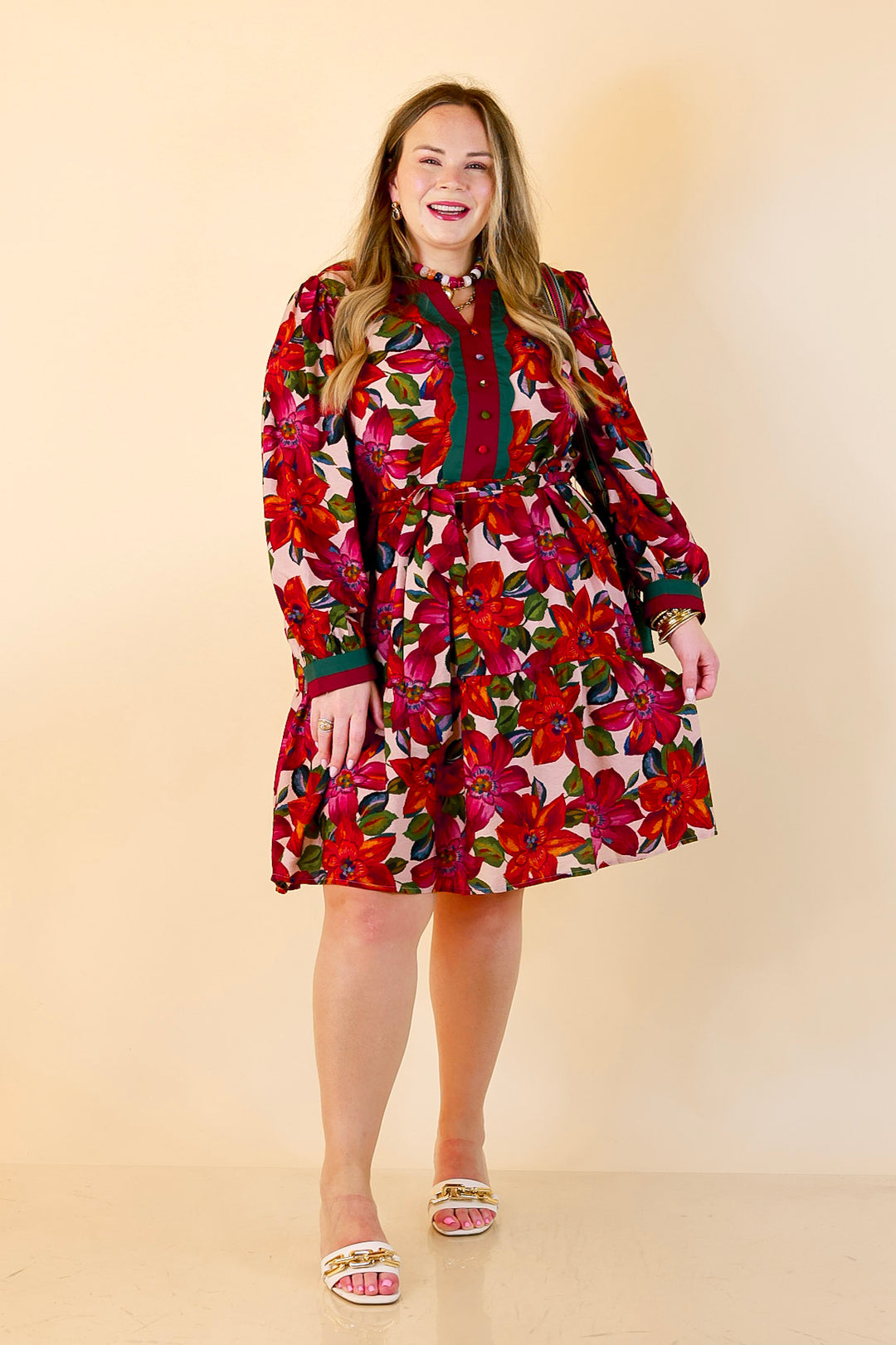 Color Me Confident Floral Print Button Front Contrast Trim Dress in Ivory, Plum and Emerald Green