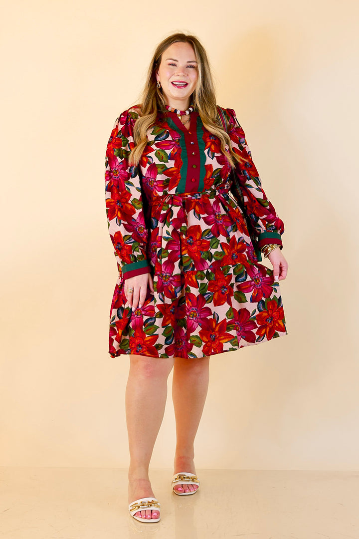 Color Me Confident Floral Print Button Front Contrast Trim Dress in Ivory, Plum and Emerald Green