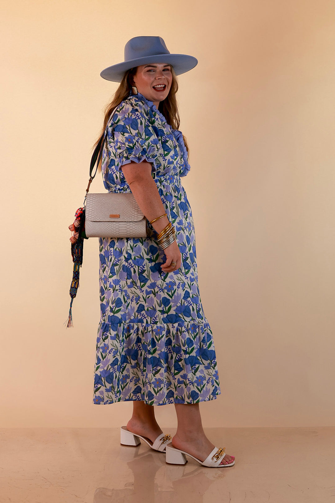 Gracefully Yours Floral Print Midi Dress with Contrast Ruffle Trim in Blue