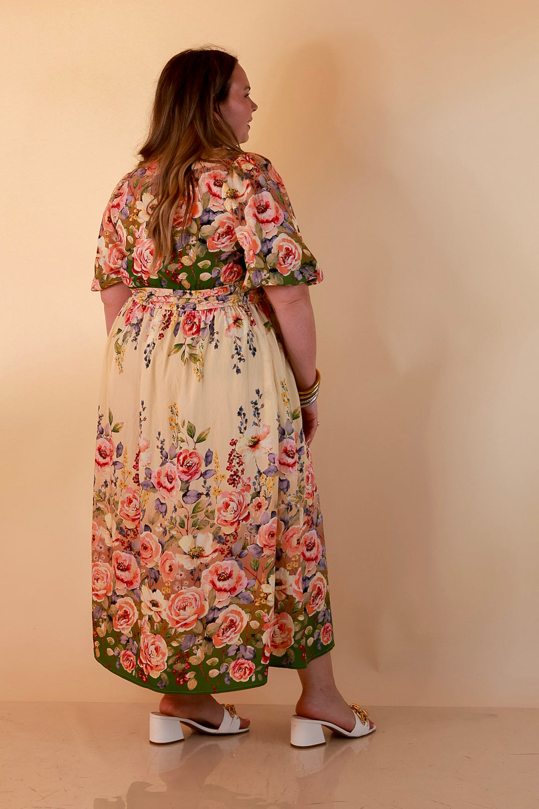 Brunch with the Girls Puff Sleeve Smocked Waist Floral Print Tiered Midi Dress in Ivory and Olive Green Multi