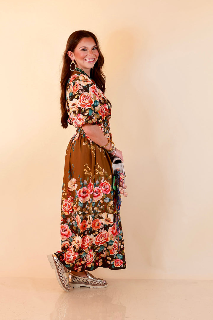Brunch with the Girls Puff Sleeve Smocked Waist Floral Print Tiered Midi Dress in Chocolate Brown Multi