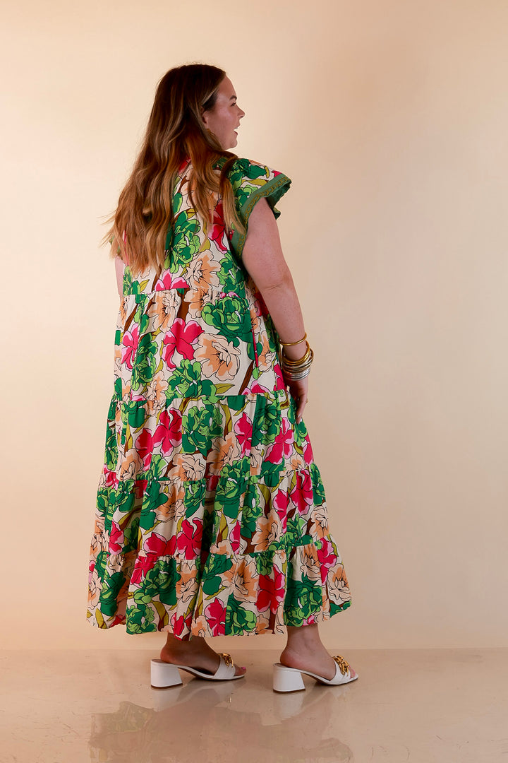 Spring Symphony Floral Print Tiered Midi Dress with Flutter Sleeves in Pink and Green