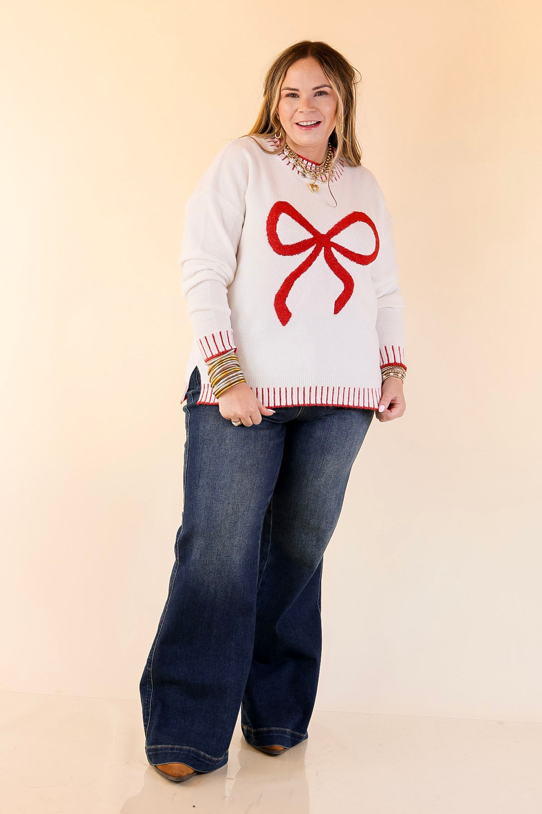 Mud Pie | Wilder Red Bow Mock Neck Sweater in Ivory