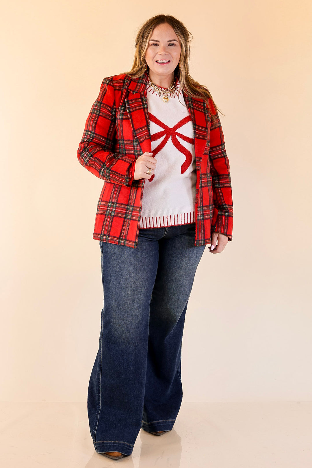 Season to Shine Long Sleeve Tartan Plaid Blazer in Red
