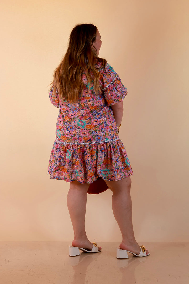 Darling Detail Floral Print Drop Waist Mini Dress with Contrast Trim in Pink Multi