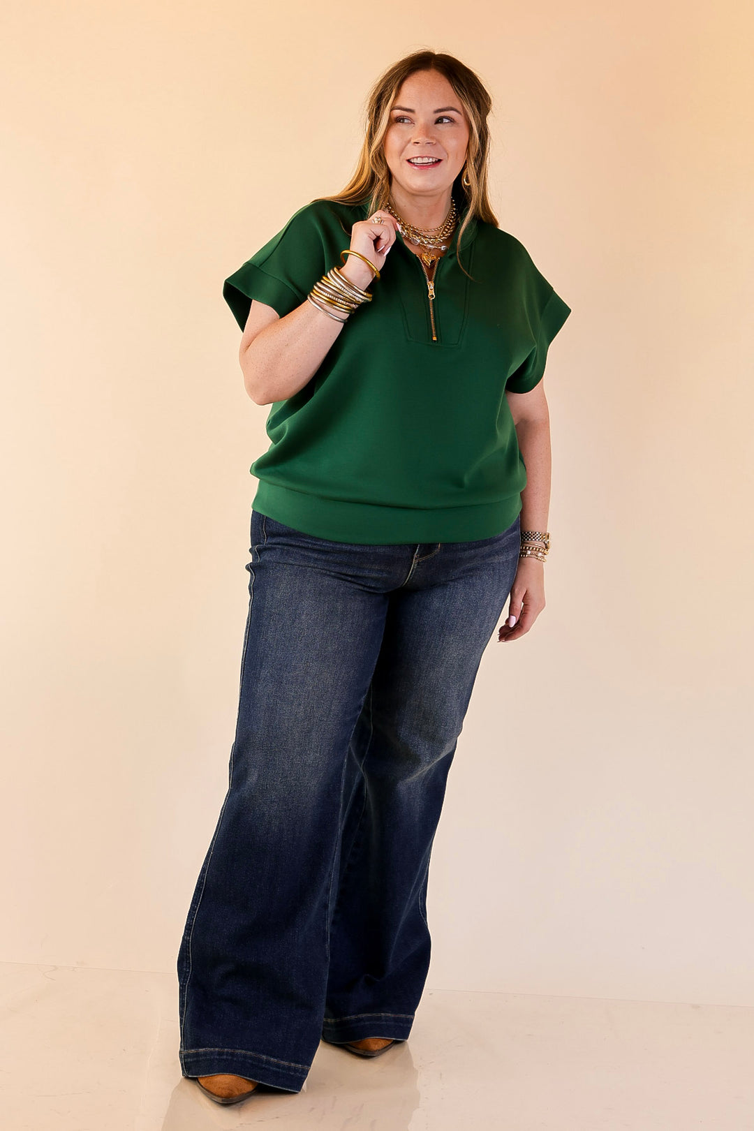 Top Priority Half Zip Collared Scuba Top in Hunter Green