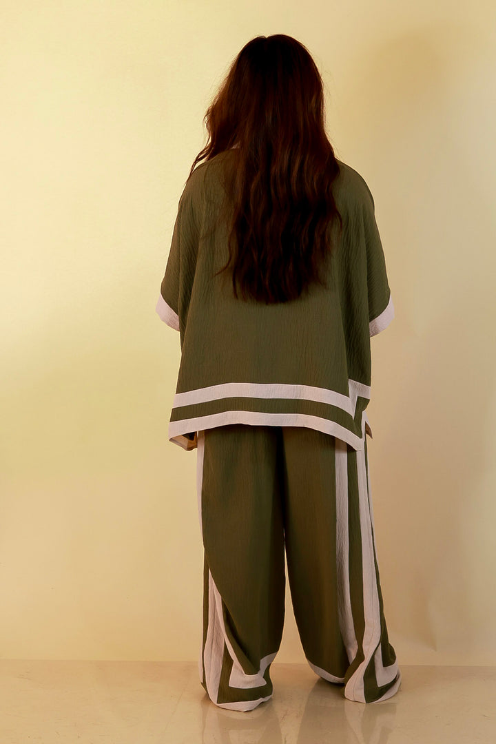 First Class Chic Button Front Collared Top with Matching Wide Leg Pants Set in Olive Green and Ivory