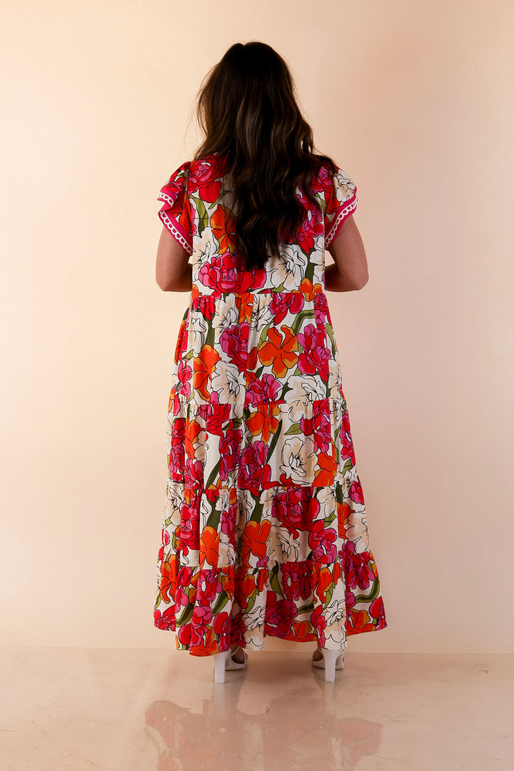 Spring Symphony Floral Print Tiered Midi Dress with Flutter Sleeves in Pink and Orange