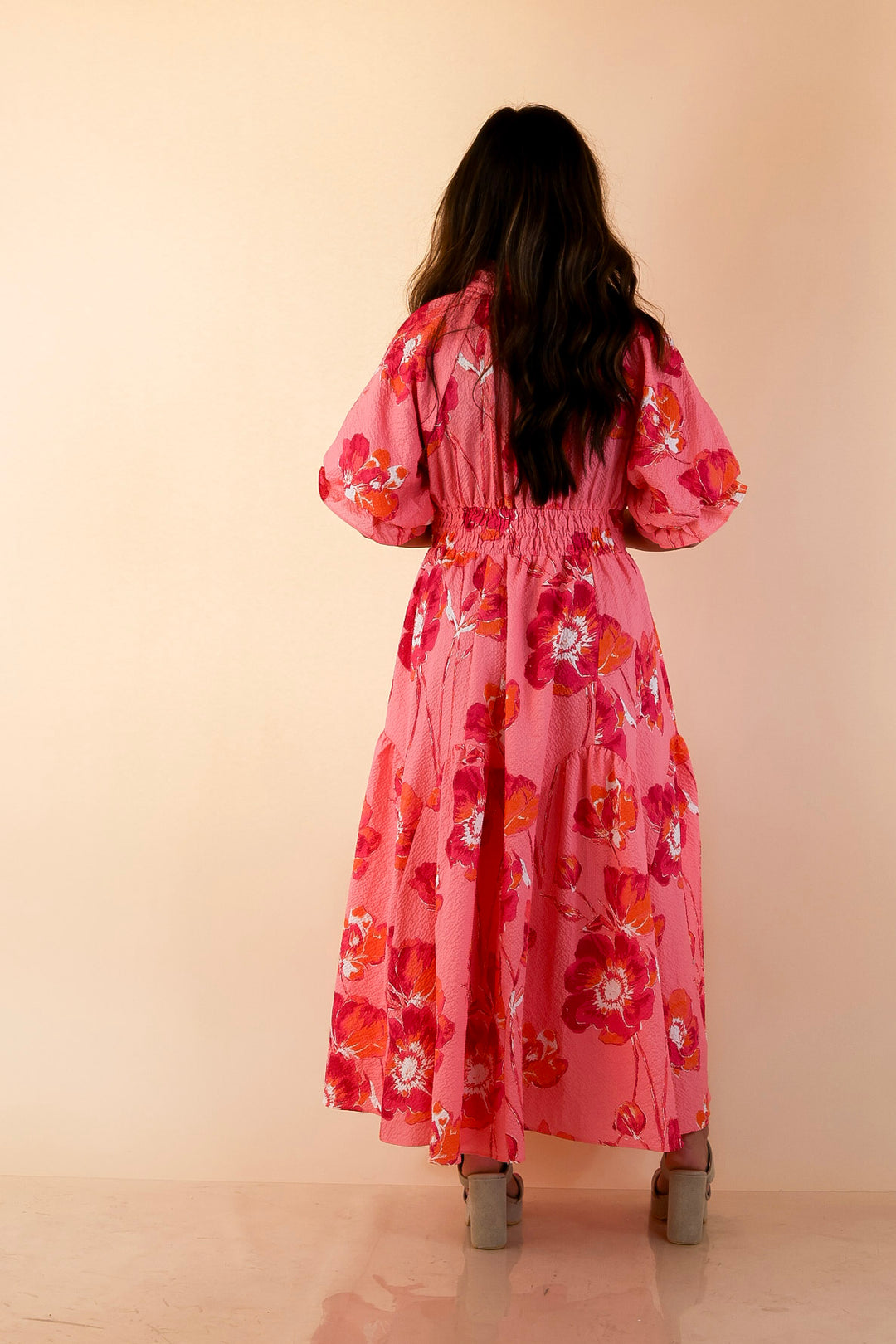 Breezy Belle Floral Print Textured Puff Sleeve Midi Dress with Smocked Waist in Pink Mix