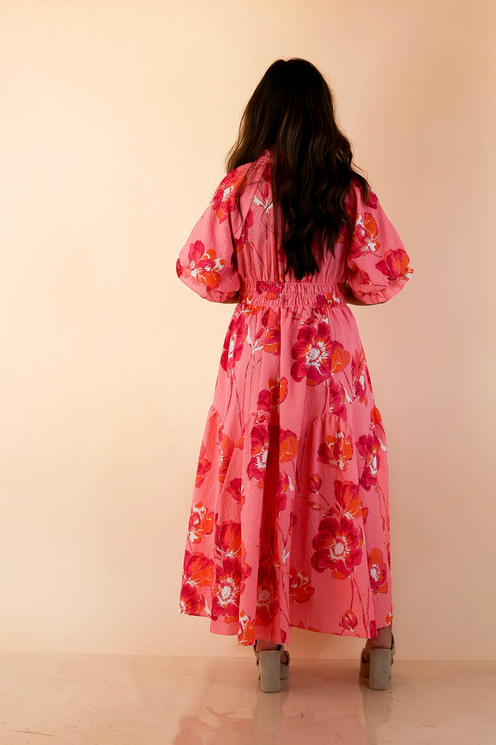 Breezy Belle Floral Print Textured Puff Sleeve Midi Dress with Smocked Waist in Pink Mix