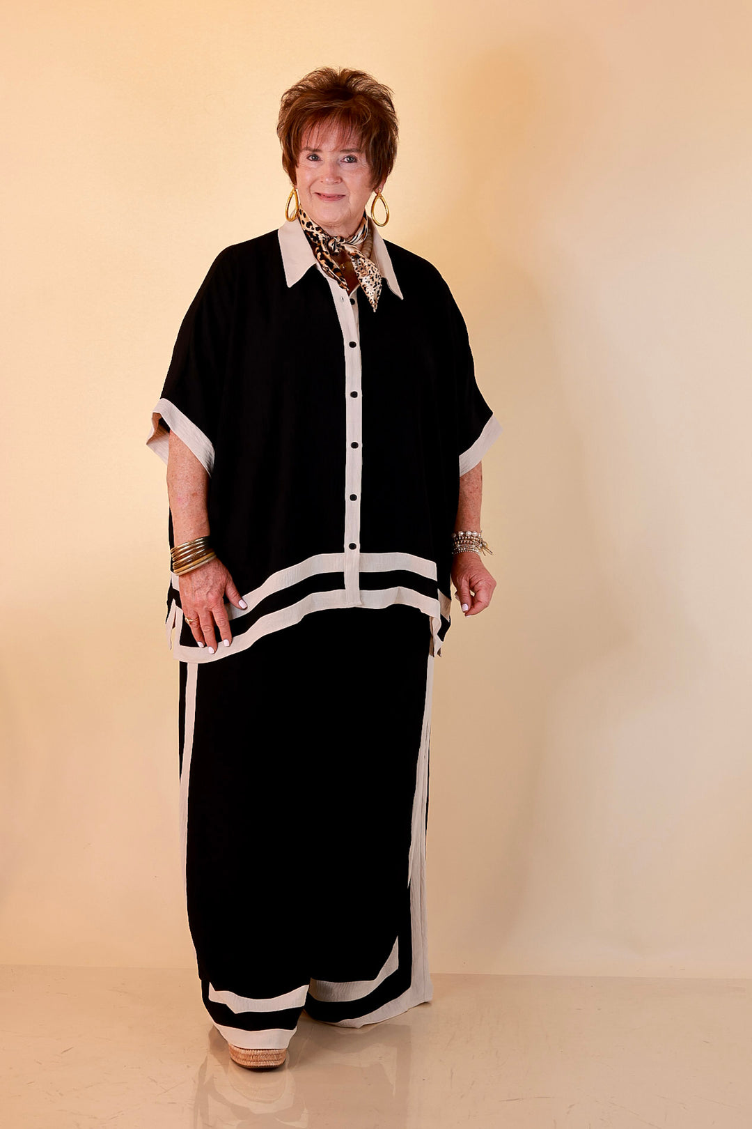 First Class Chic Button Front Collared Top with Matching Wide Leg Pants Set in Black and Ivory