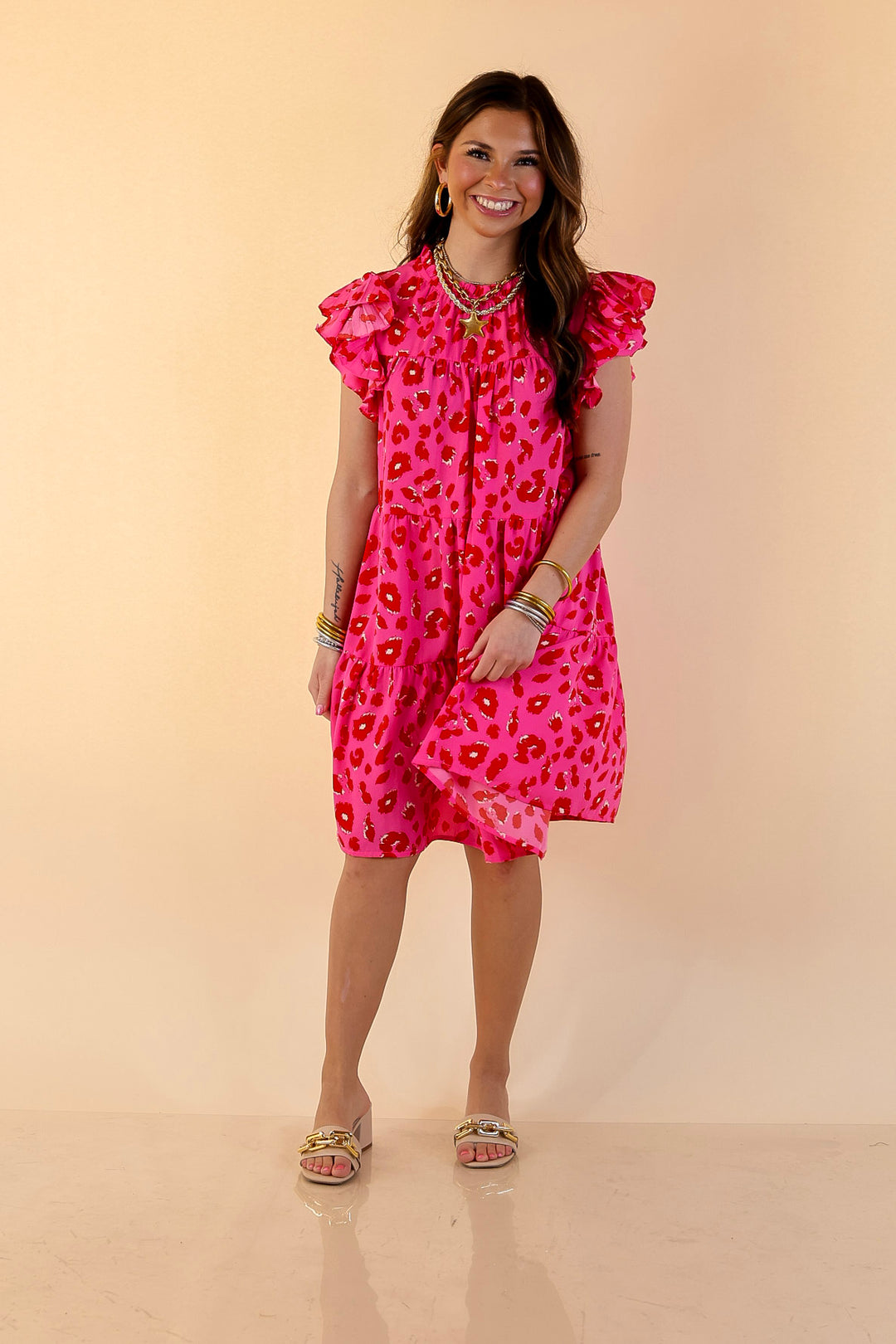 Daring and Delightful Leopard Print Dress with Ruffle Cap Sleeves in Pink and Red