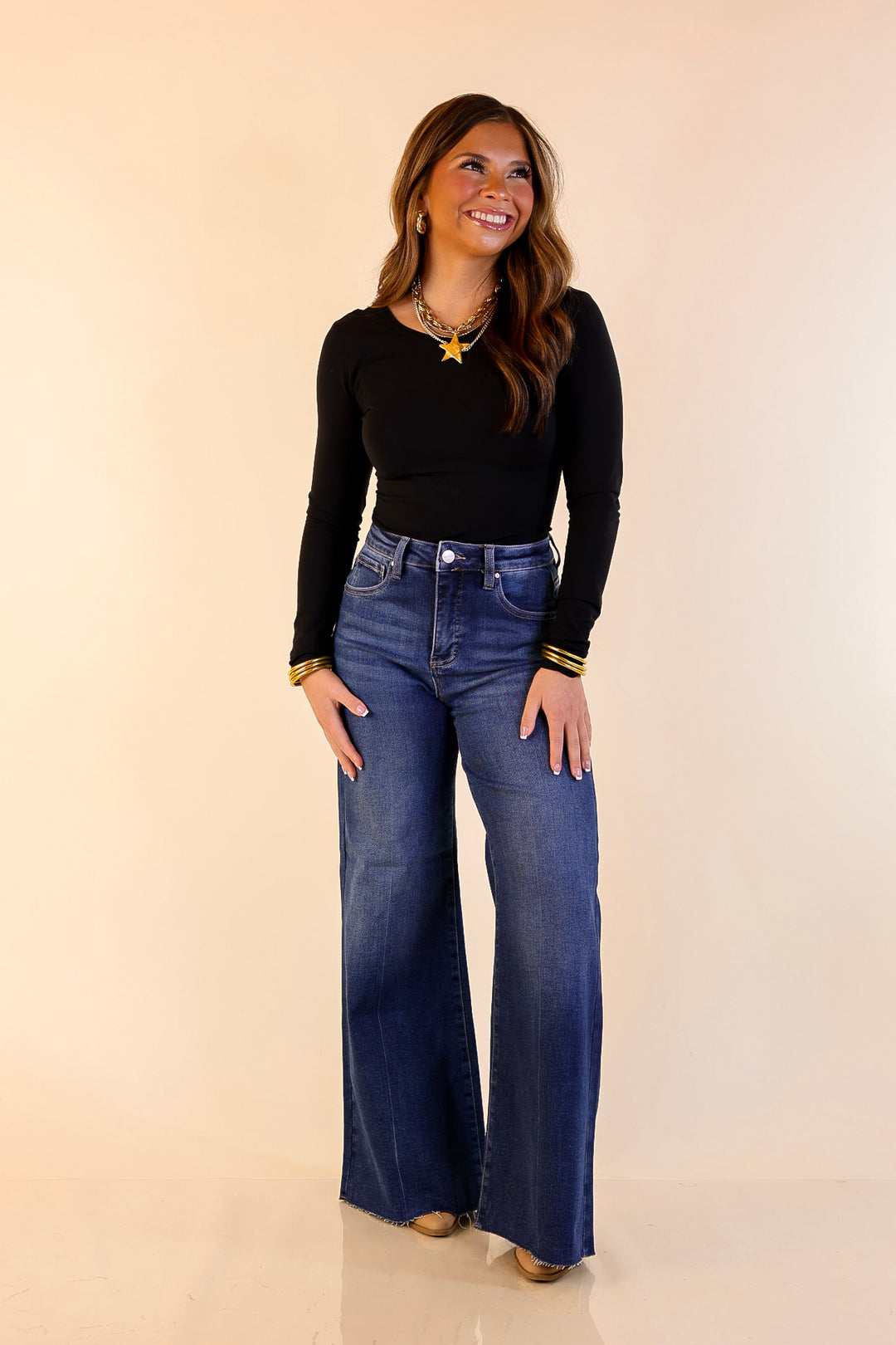 Risen | Signature Silhouette Wide Leg Raw Hem Palazzo Jeans in Dark Wash