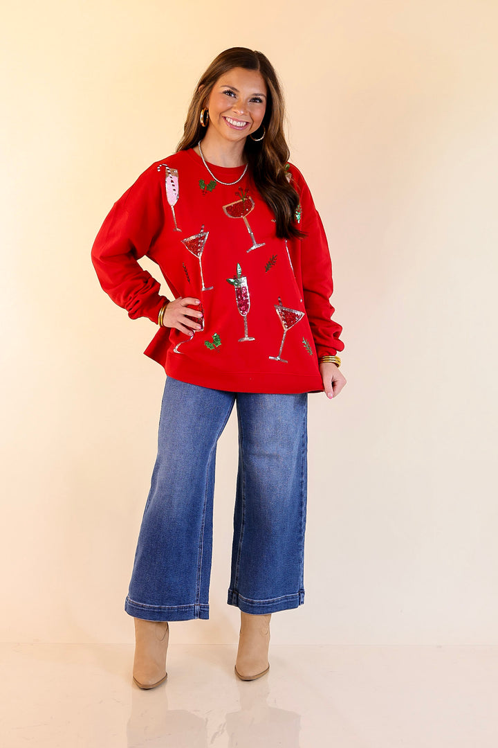 Mud Pie | Season's Sippings Oversized Sequin Cocktail Graphic Sweatshirt in Red