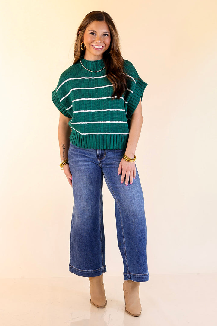 Sweet in Stripes Short Sleeve Striped Mock Neck Sweater in Forest Green