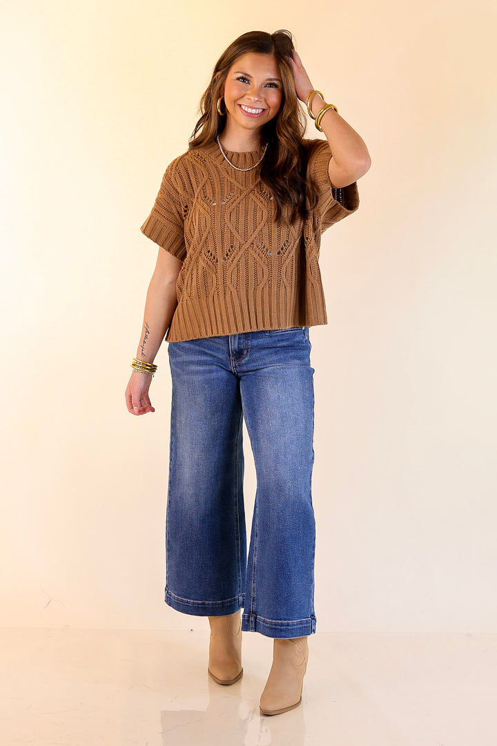 Knit to Last Cable Knit Short Sleeve Sweater Top in Camel Brown
