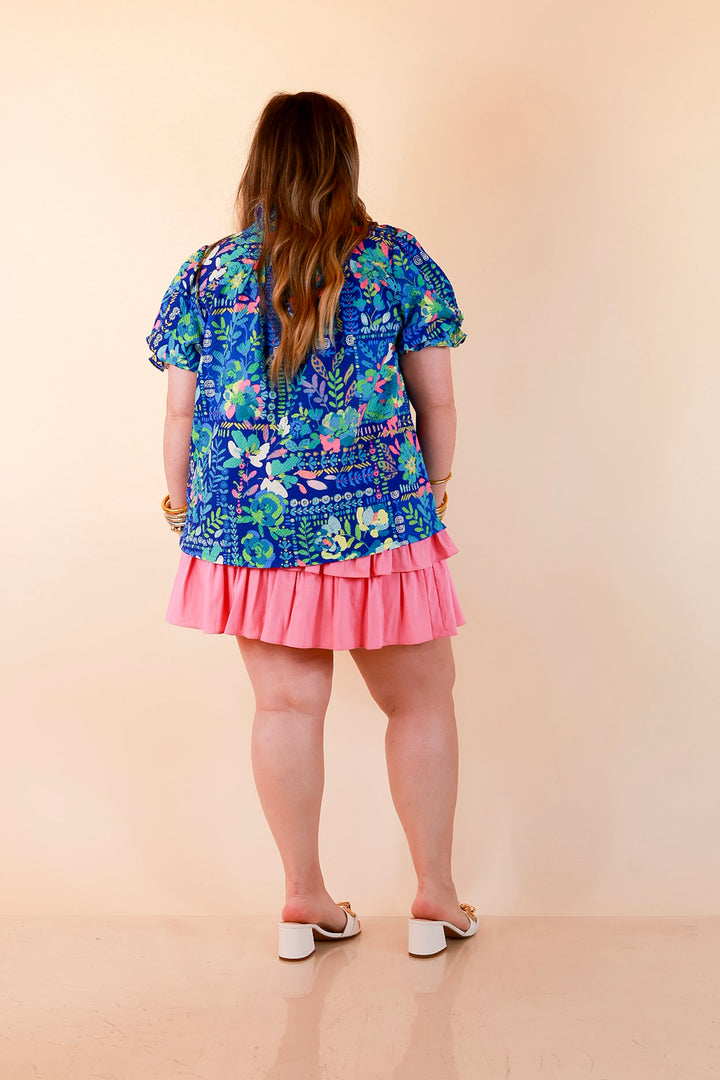 Living in Color Watercolor Floral Print Textured Top with Puff Sleeves in Royal Blue