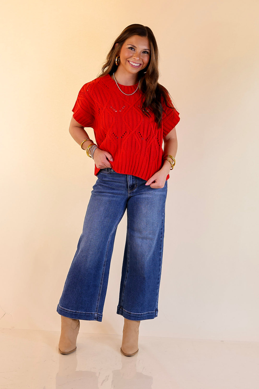 Knit to Last Cable Knit Short Sleeve Sweater Top in Red