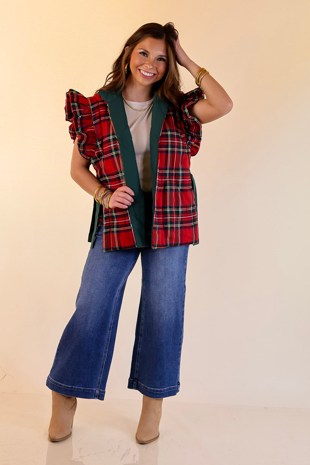 Mud Pie | Jefferies Quilted Plaid Reversible Vest with Ruffle Cap Sleeves and Bow Side Closure in Red