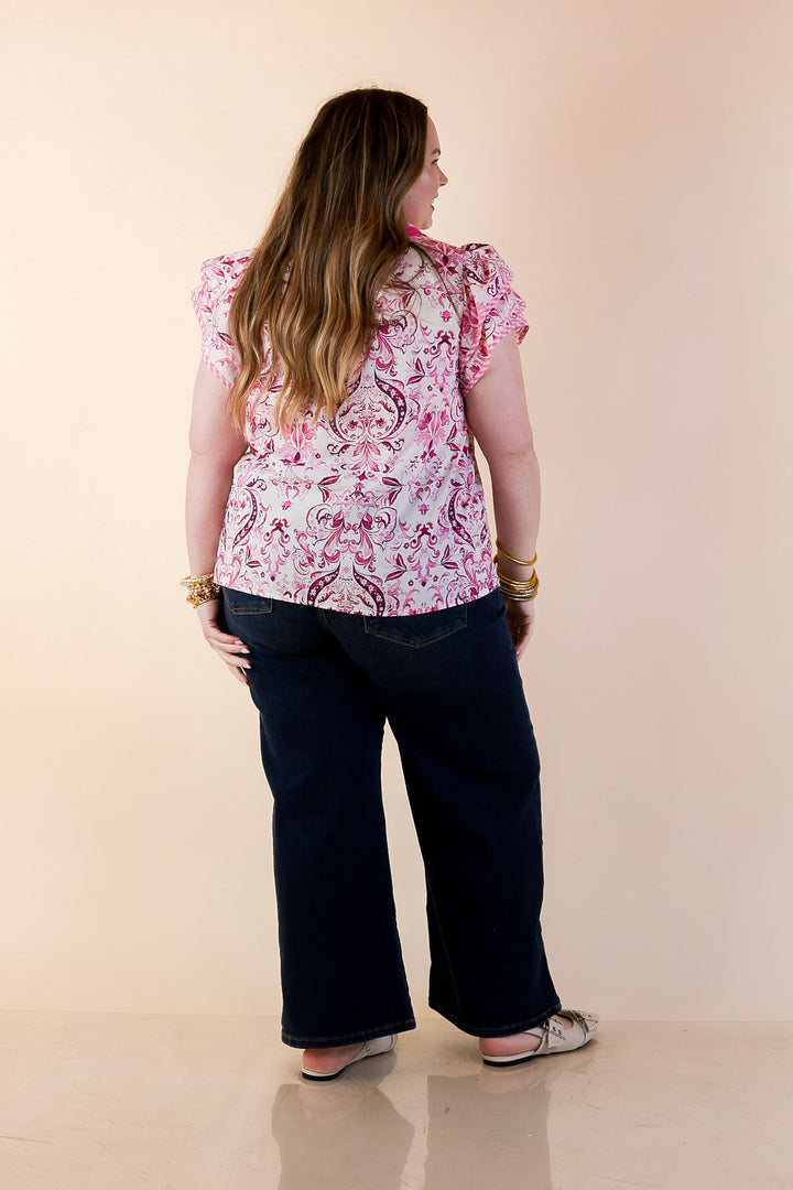 Sassy Sophistication Paisley Print Button Down Flutter Sleeve Top in Pink and White