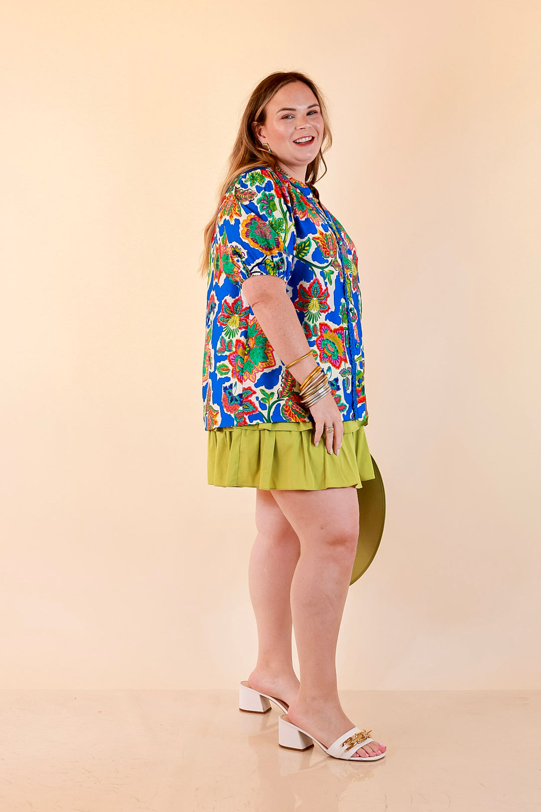 Petal Pop Floral Print Ruffle Front Button Up Top with Puff Sleeves in Royal Blue