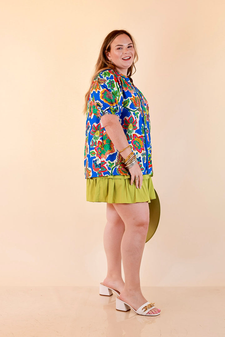 Petal Pop Floral Print Ruffle Front Button Up Top with Puff Sleeves in Royal Blue
