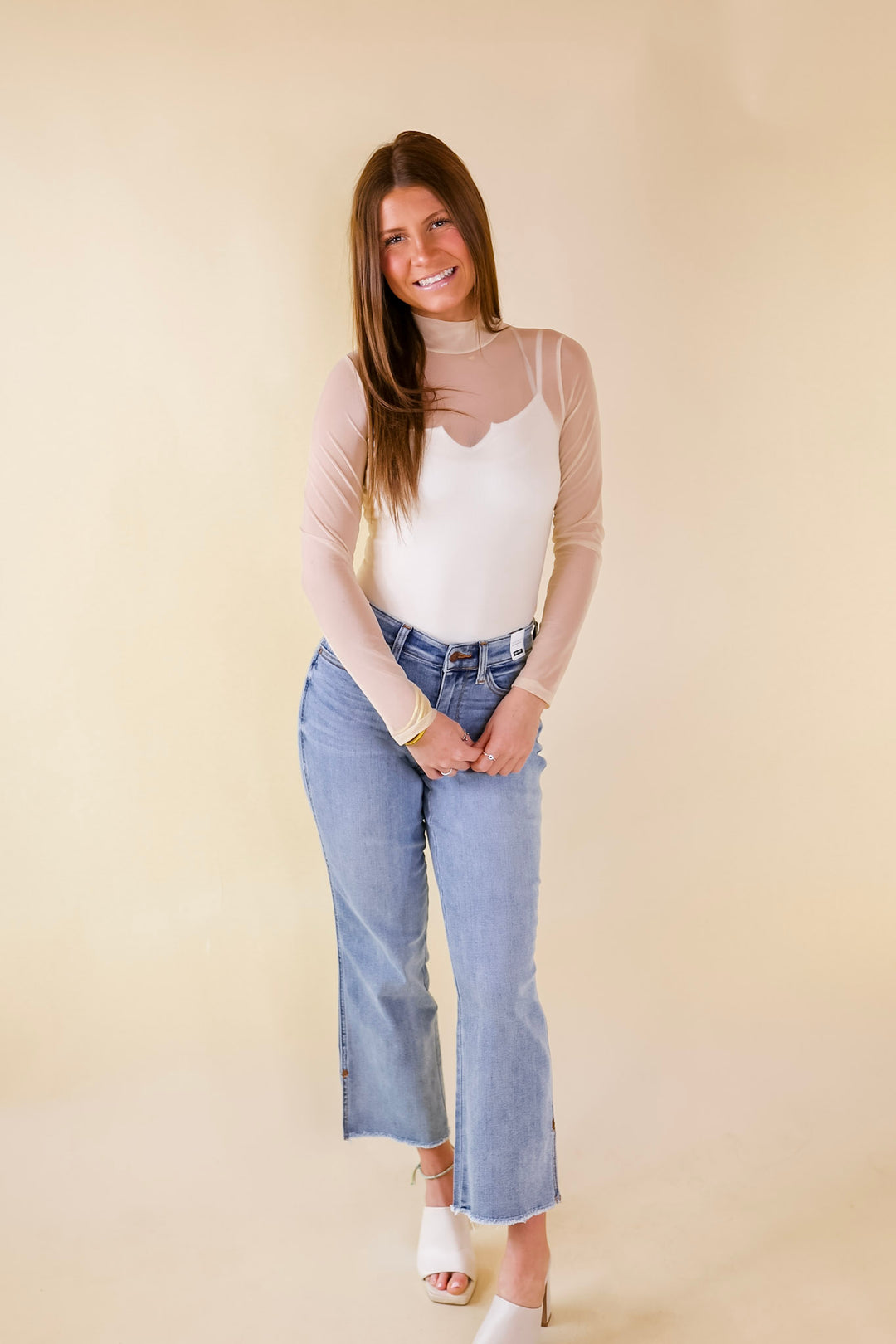 Try Your Luck Mesh Long Sleeve Bodysuit in Cream - Giddy Up Glamour Boutique