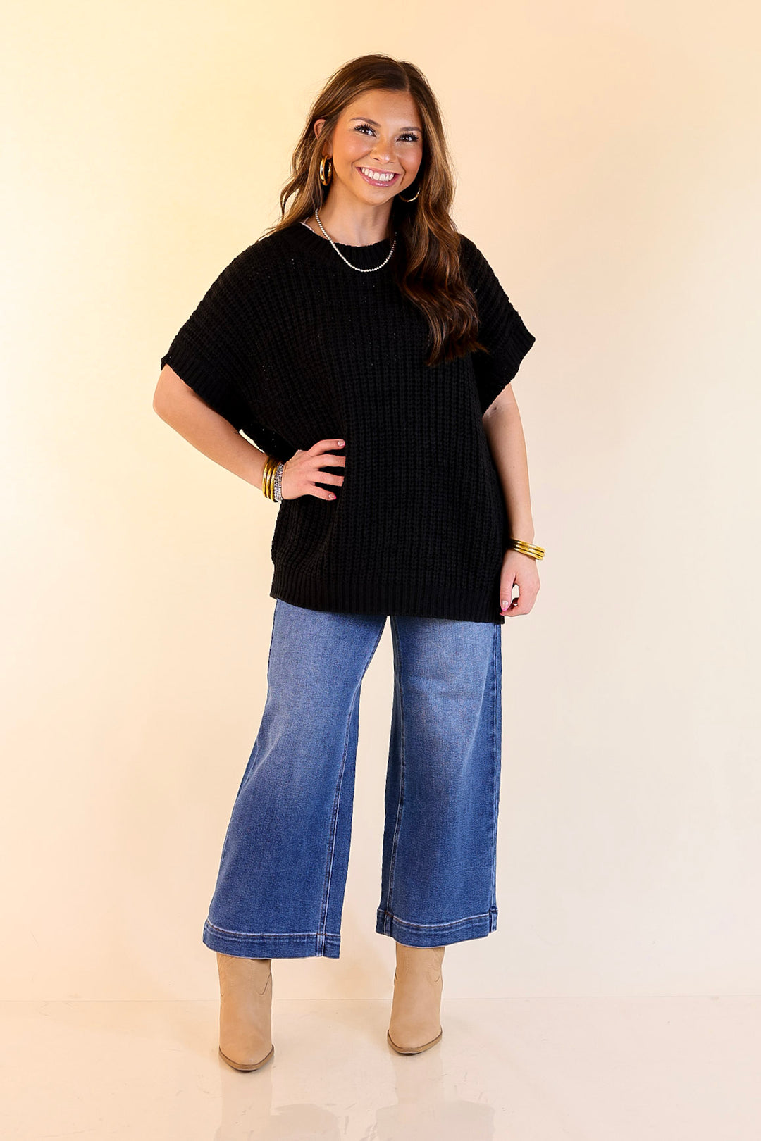 Tried and True Short Sleeve Oversized Knit Sweater in Black