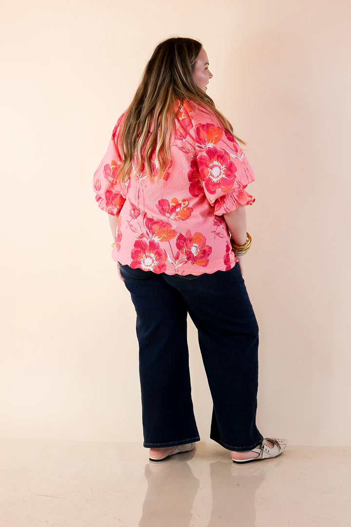 Petal Perfect Floral Print Textured Puff Sleeve Top with Ruffle Split Neckline in Pink Mix