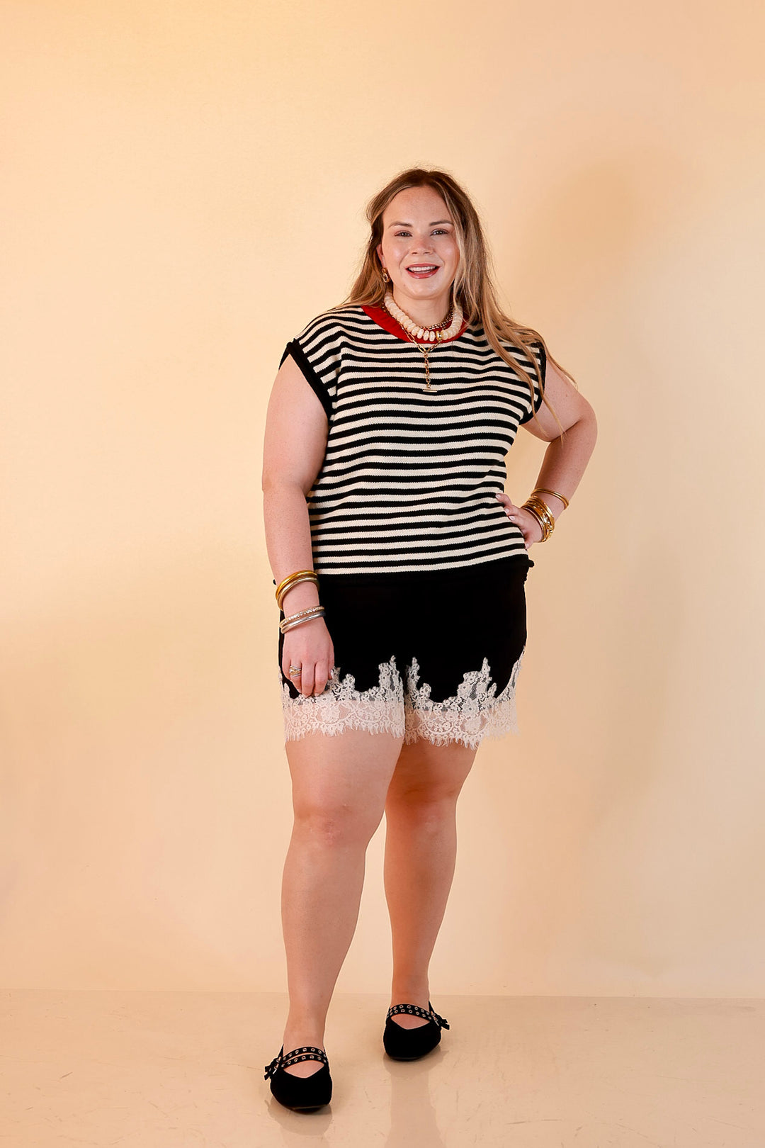 Pretty Little Something Solid Drawstring Shorts with Lace Trim in Black