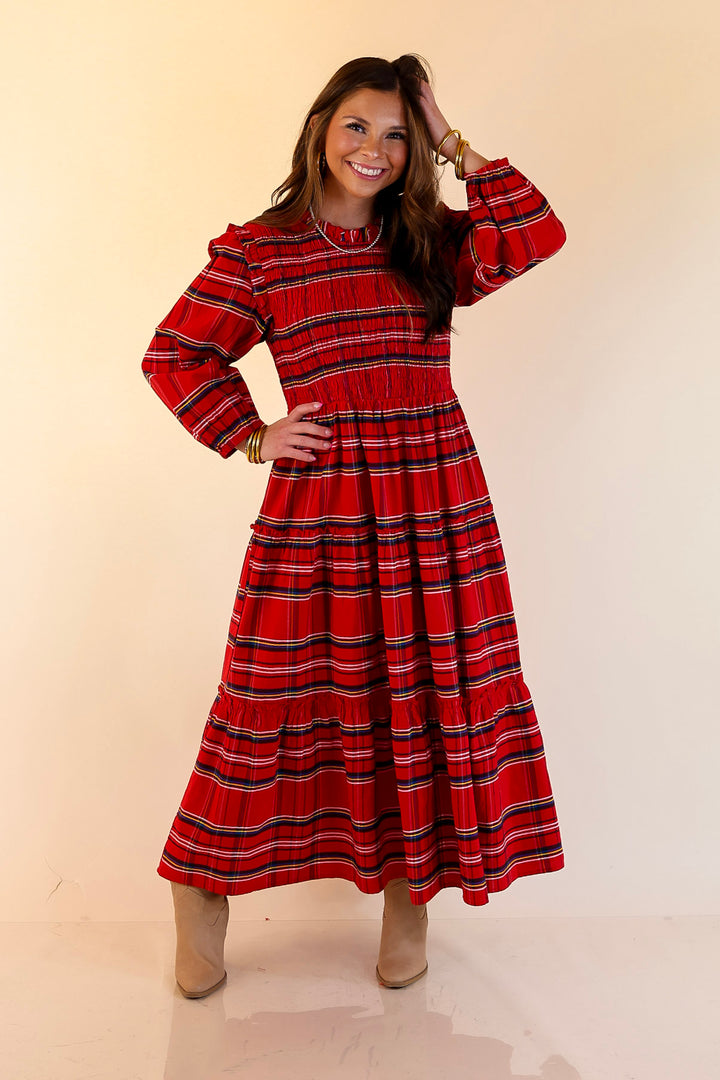 Mud Pie | Walton Smocked Bodice Long Sleeve Plaid Midi Dress with Tiered Skirt in Red
