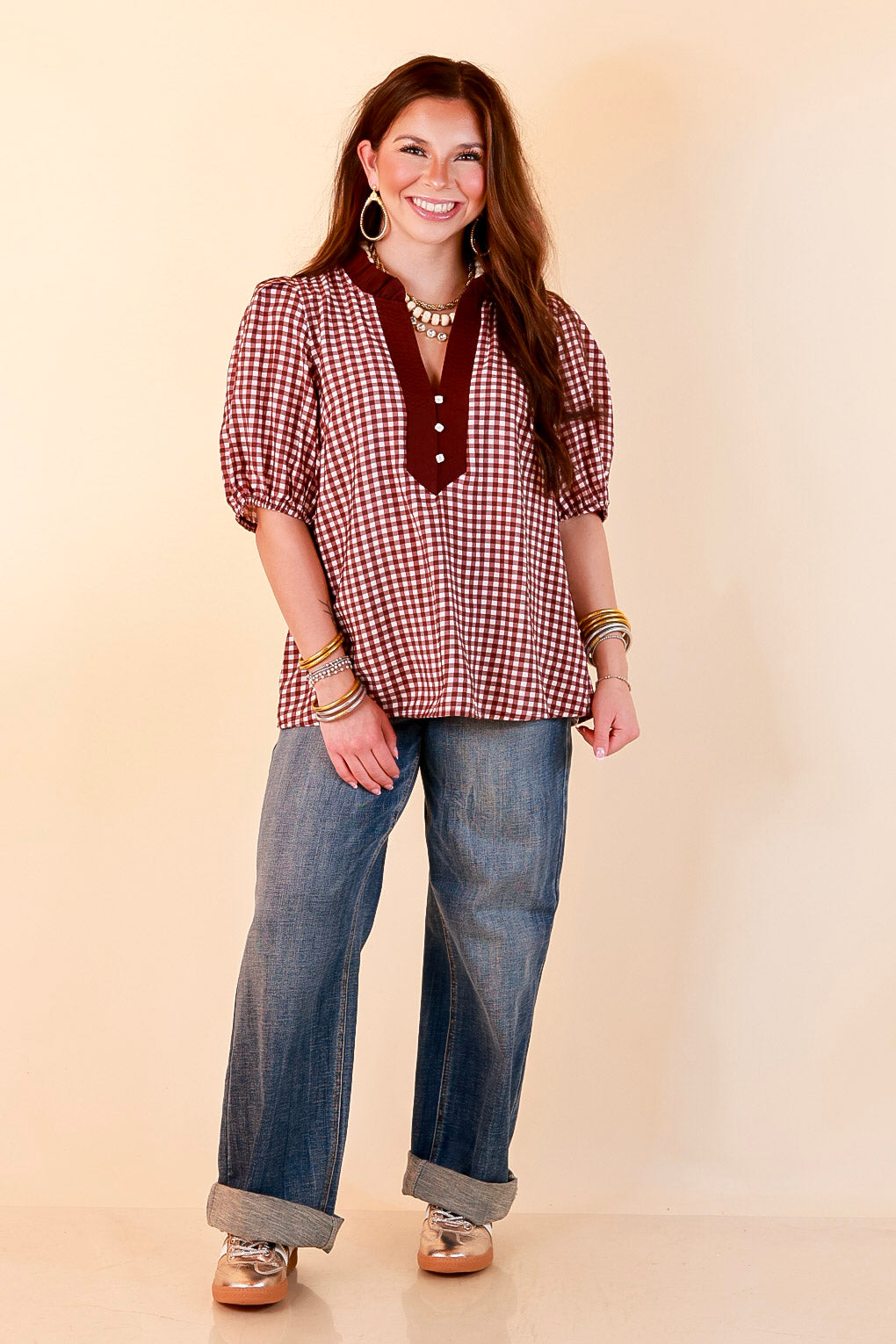 Check the Agenda Contrast V-Neck Button Detail Gingham Puff Sleeve Top in Maroon and Ivory