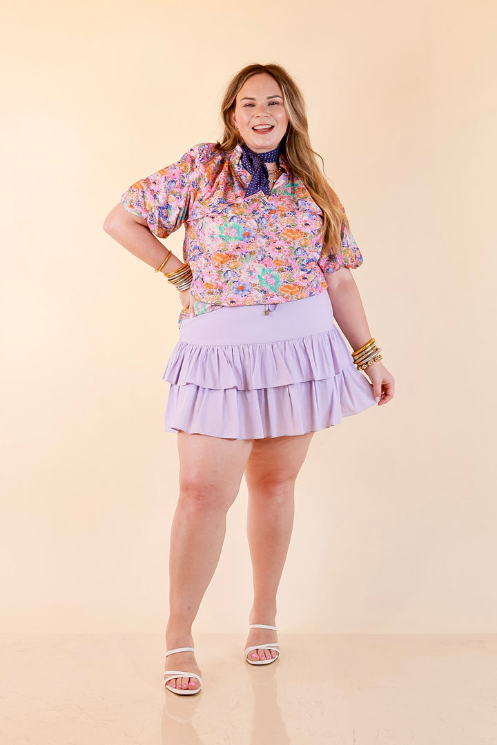 Blooming Beauty Floral Print V Neck Top with Smocked Neckline and Puff Sleeves in Pink Multi Color