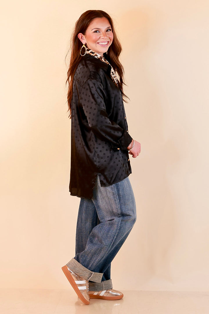 Polished Point of View Satin Collared Polka Dot Button Down Blouse with Gold Buttons in Black