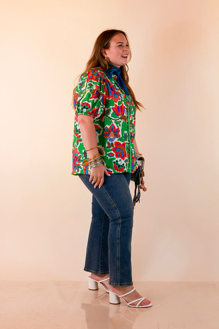 Petal Pop Floral Print Ruffle Front Button Up Top with Puff Sleeves in Green