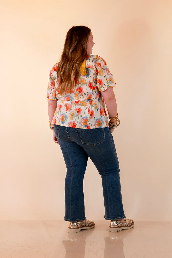Petals and Plans Poppy Floral Print Button Up Collar Blouse in Cream