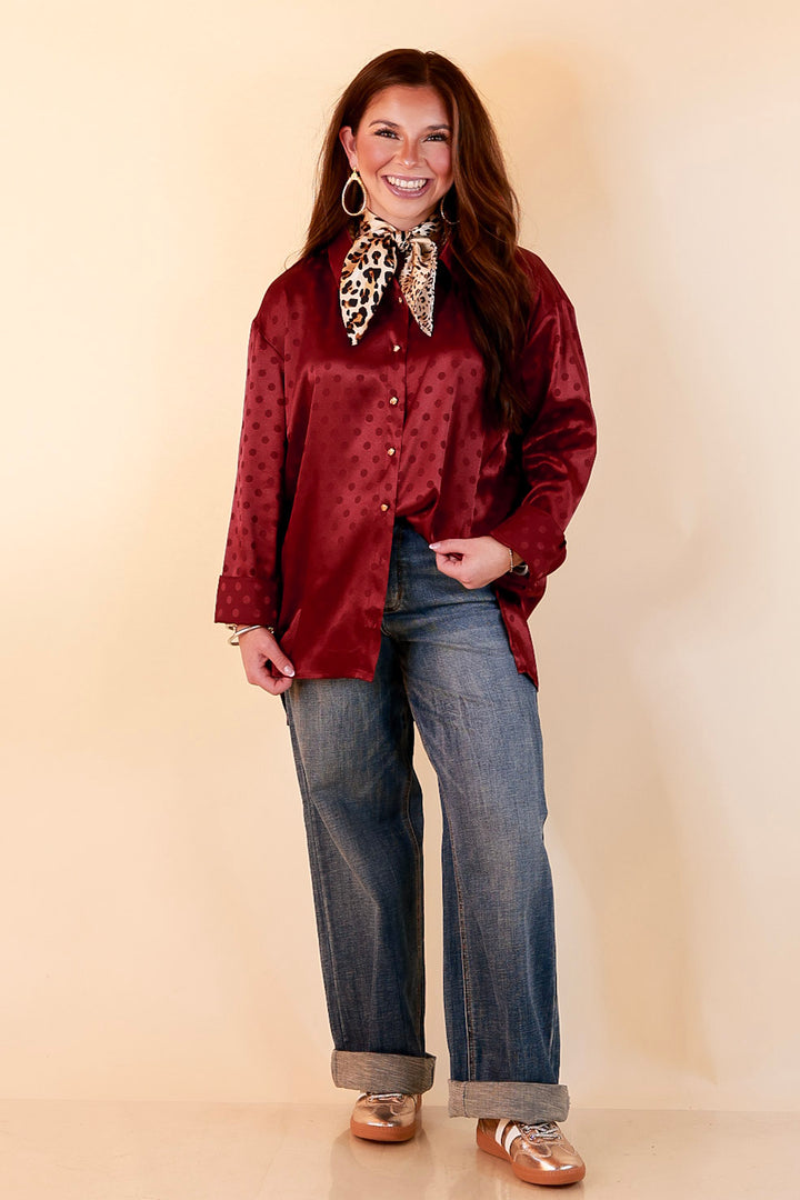 Polished Point of View Satin Collared Polka Dot Button Down Blouse with Gold Buttons in Maroon