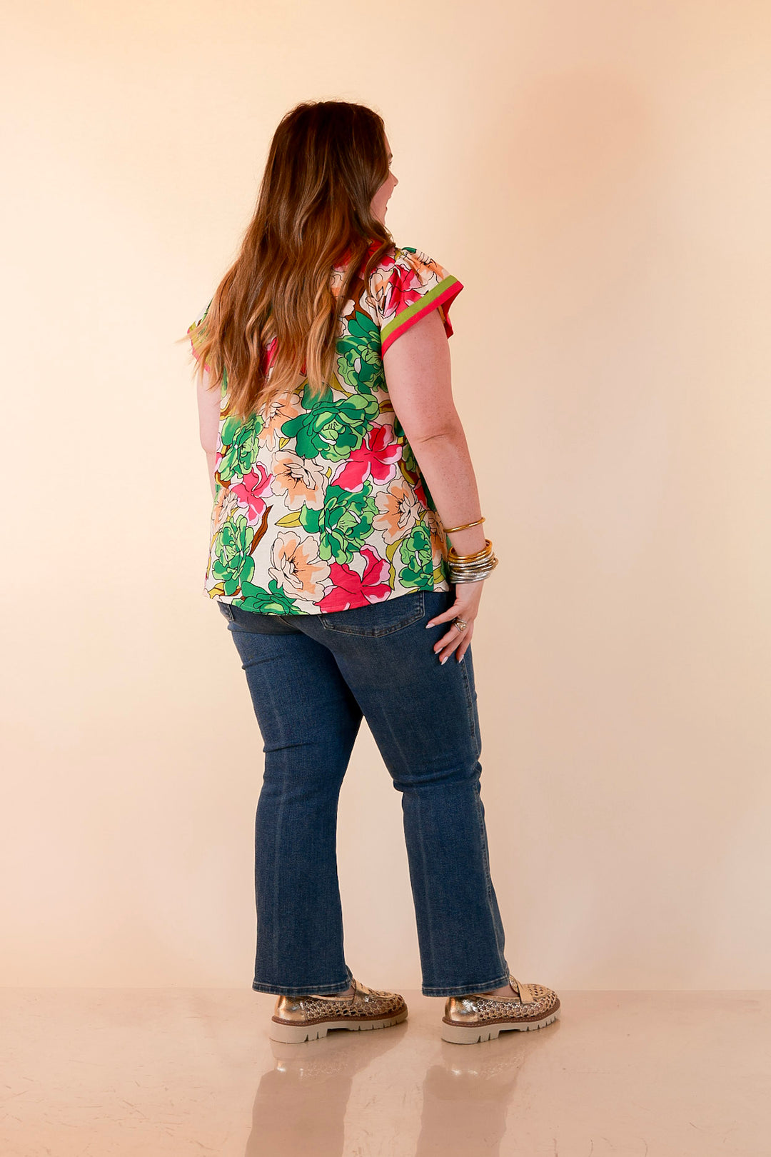 Spring Symphony Floral Print Flutter Sleeve Top with Contrast Trim Split Neckline in Pink and Green