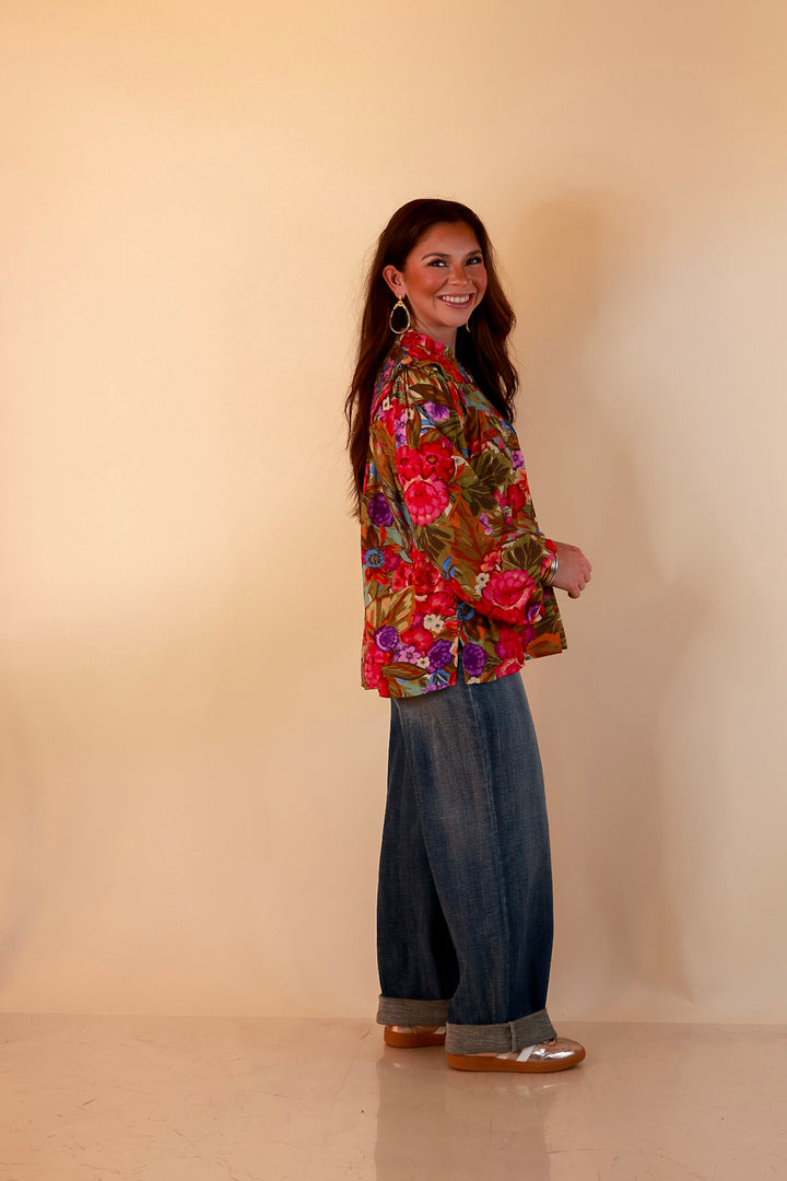 Garden Social Long Sleeve Ruffle Shoulder V-Neck Flowy Floral Print Blouse in Olive Green Multi
