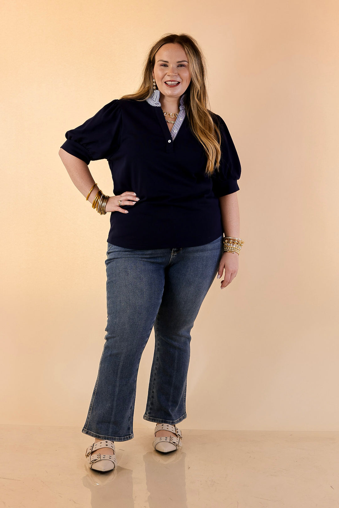 Sleek Sophistication Short Puff Sleeve Top with Striped Collar in Navy Blue