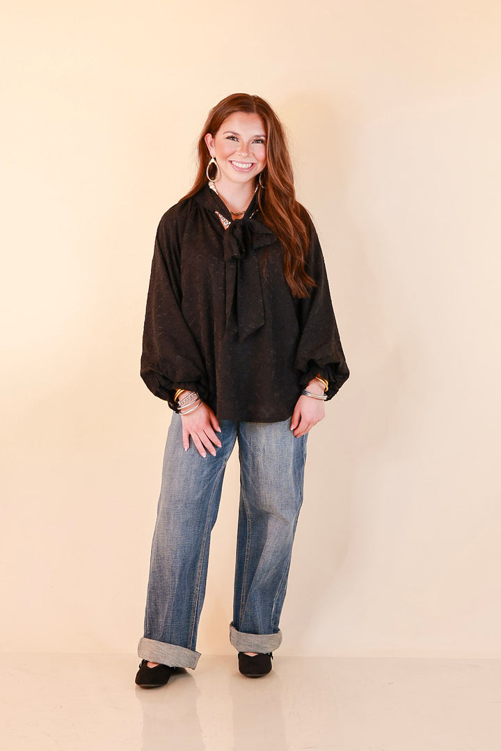 Commanding Attention Tie Neck Velvet Animal Print Balloon Sleeve Blouse in Black