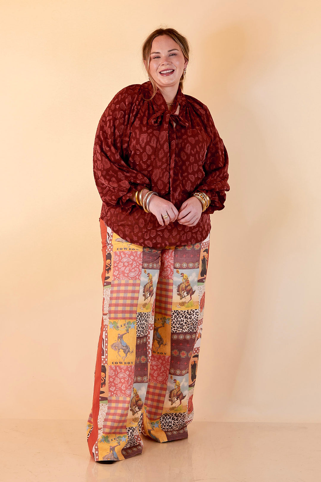 Western State of Mind Wide Leg Patchwork Cowboy Print Pants in Multicolor