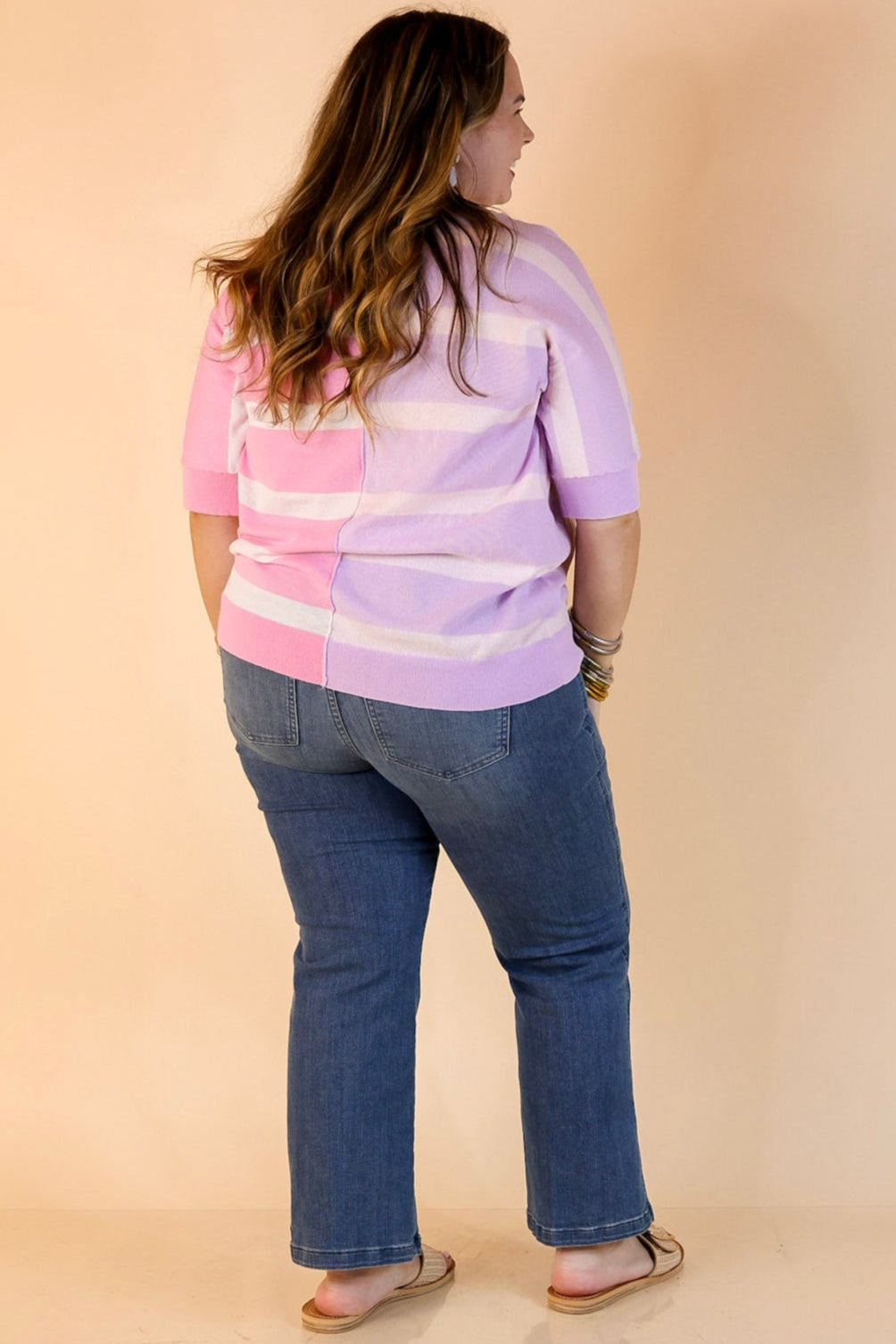 Urban Chic Color Block Striped Knit Top in Purple and Pink