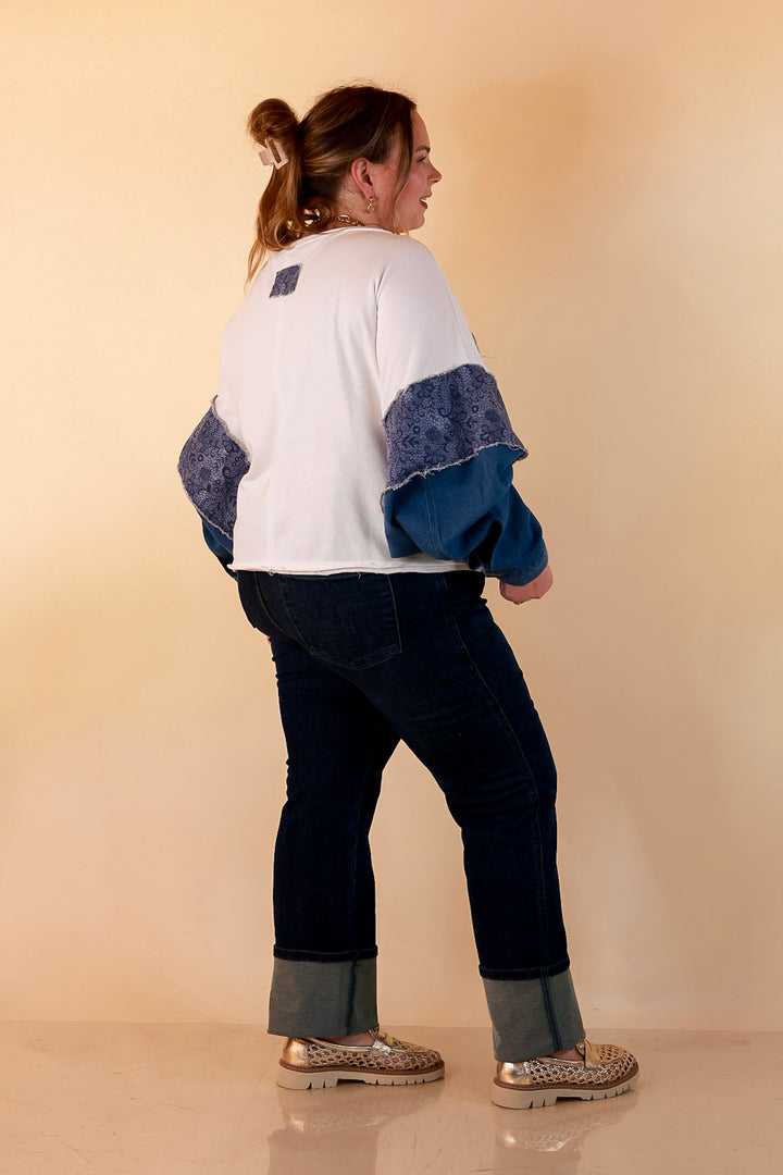 Blooming Details Oversized Floral Appliqué Contrast Sleeve Raw Hem Top in Ivory and Denim Blue